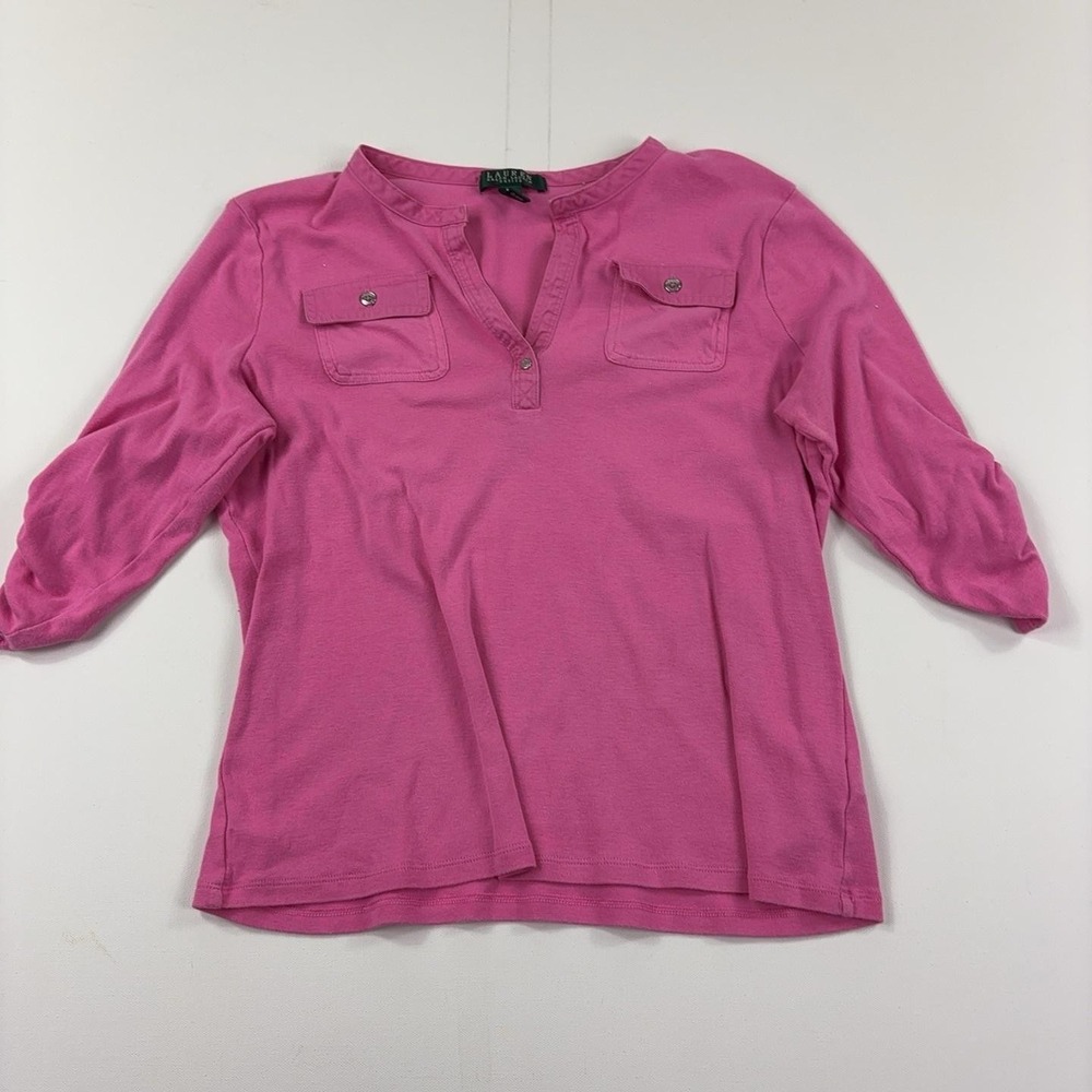 Lauren Ralph Lauren T-Shirt Womens PL Pink Henley 3/4 Sleeve Jersey Cotton Top